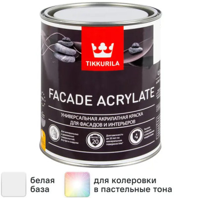 Краска фасадная Tikkurila Facade Acrylate матовая цвет белый база А 0.9 л