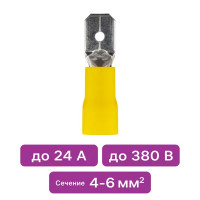 Разъем плоский изолированный папа Duwi РпИп 6-6.3 мм цвет желтый 10 шт.