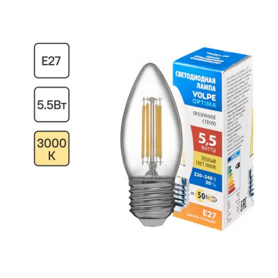 Лампа светодиодная Volpe E27 210-240 В 5.5 Вт свеча прозрачная 500 лм теплый белый свет