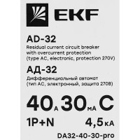 Дифференциальный автомат EKF АД-32 1P N C40 А 30 мА 4.5 кА АС