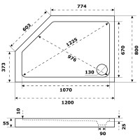 Душевой поддон акриловый 120x80 см асимметричный левый