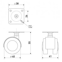 Колесо для мебели поворотное без тормоза с площадкой 40 мм максимальная нагрузка 30 кг
