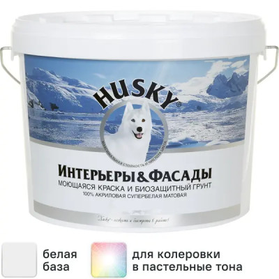 Краска-грунт Husky 3-в-1 фасадная и для интерьеров матовая цвет белый база А 10 л