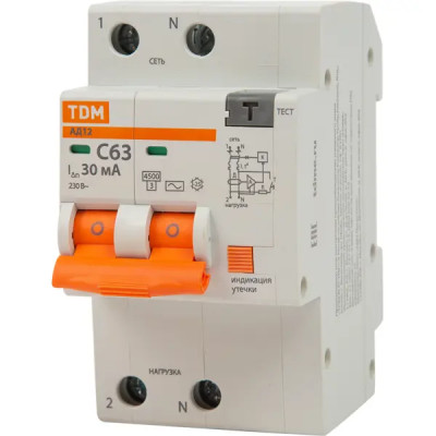Дифференциальный автомат Tdm Electric АД-12 2P C63 A 30 мА 4.5 кА AC SQ0204-0023