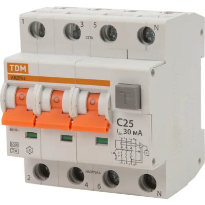 Дифференциальный автомат Tdm Electric АВДТ-63 3P N C25 A 30 мА 6 кА A SQ0202-0018