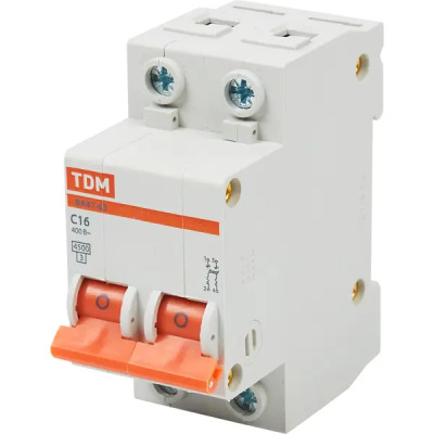 Автоматический выключатель TDM Electric ВА47-63 2P C16 А 4.5 кА SQ0218-0011