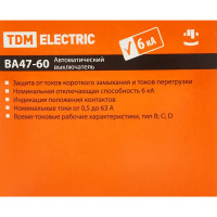 Автоматический выключатель TDM Electric ВА47-60 2P C63 А 6 кА SQ0223-0099