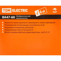 Автоматический выключатель Tdm Electric ВА47-60 2P C10 А 6 кА SQ0223-0091