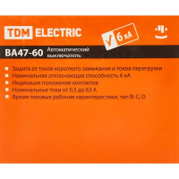 Автоматический выключатель TDM Electric ВА47-60 2P C50 А 6 кА SQ0223-1033