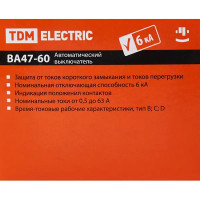 Автоматический выключатель TDM Electric ВА47-60 3P C63 А 6 кА SQ0223-0115