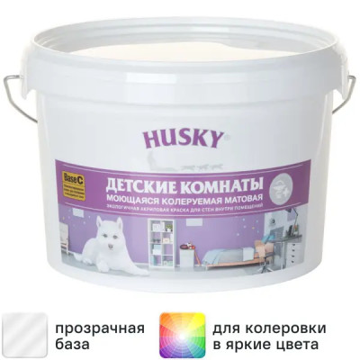 Краска для детских комнат Husky моющаяся матовая прозрачная база С 2.5 л