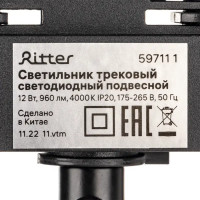 Трековый светильник спот подвесной светодиодный Ritter Artline 300x40мм до 1м 12Вт до 6.4м² 4000К металл чёрный/золото