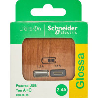 Розетка USB A+С встраиваемая Schneider Electric Glossa цвет дуб