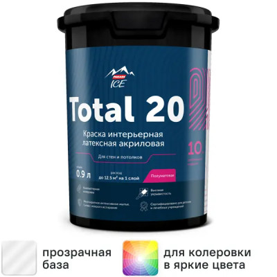 Краска для стен и потолков Parade Total 20 моющаяся полуматовая прозрачная база С 0.9 л