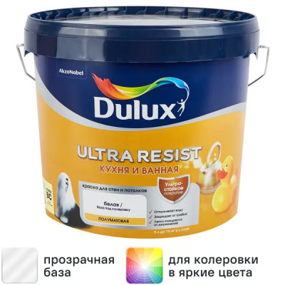Краска для стен кухни и ванны Dulux Ultra Resist моющаяся матовая полупрозрачная база BC 4.5 л