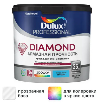 Краска для стен и потолков Dulux Professional Diamond Matt моющаяся матовая цвет прозрачный база BC 2.25 л
