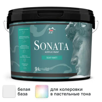 Краска для стен и потолков Parade Sonata Silky Matt моющаяся шелковисто-матовая цвет белый база А 9 л