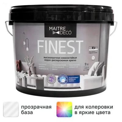 Краска для стен и потолков Maitre Deco Finest матовая прозрачная база C 9 л