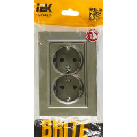 Розетка двойная встраиваемая IEK Brite РСш12-3-БрС с заземлением со шторками цвет сталь