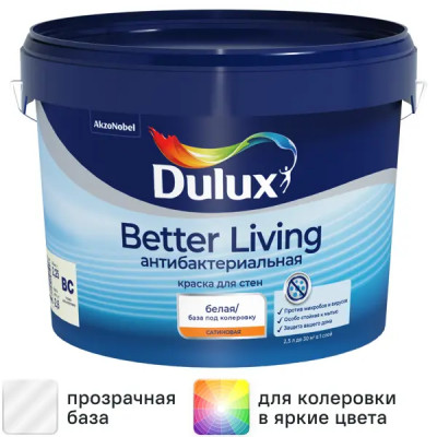 Краска для стен и потолков Dulux Антибактериальная матовая прозрачная база BC 2.25 л