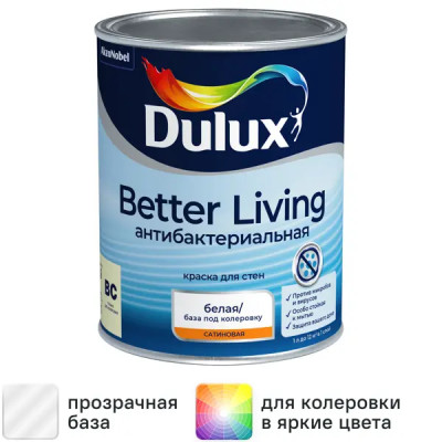Краска для стен и потолков Dulux Антибактериальная матовая прозрачная база BC 0.9 л