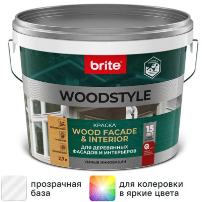 Краска для деревянных фасадов Brite Woodstyle Prof моющаяся матовая цвет прозрачный база С 2.7 л