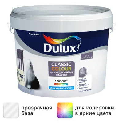 Краска для мебели и дерева Dulux Classic Colour моющаяся матовая прозрачная база BC 2.25 л