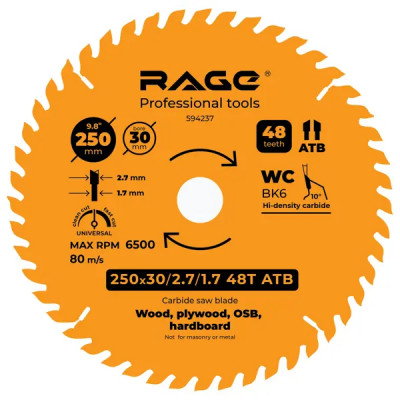 Диск пильный по дереву Rage 48Т 250x30x2.7 мм, кольца 25.4/20/16