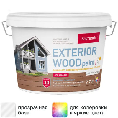 Краска для деревянных фасадов Bayramix Exterior Wood матовая цвет прозрачный 2.7 л