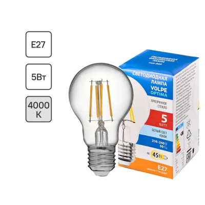 Лампа светодиодная Volpe LEDF E27 220-240 В 5 Вт груша прозрачная 470 лм нейтральный белый свет