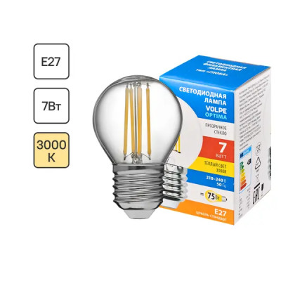 Лампа светодиодная Volpe LEDF E27 220-240 В 7 Вт шар малый прозрачная 750 лм теплый белый свет