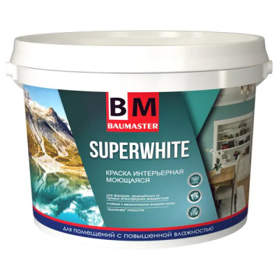 Краска для стен и потолков моющаяся Baumaster Superwhite матовая цвет белый база А 13 кг