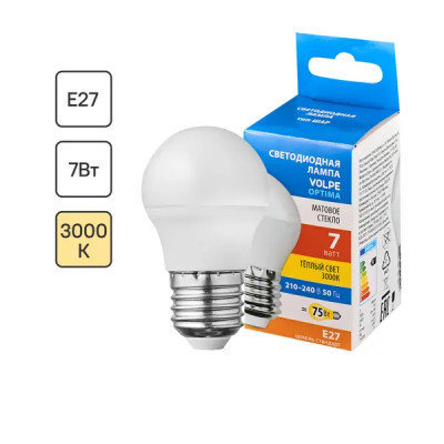 Лампа светодиодная Volpe E27 220-240 В 7 Вт шар малый матовая 750 лм, теплый белый свет