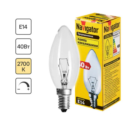 Лампа накаливания Navigator E14 230 В 40 Вт свеча прозрачная 400 лм теплый белый цвет света