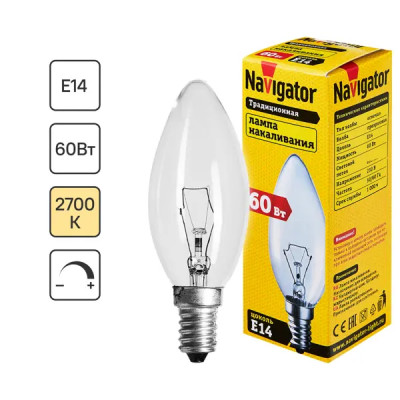 Лампа накаливания Navigator E14 230 В 60 Вт свеча прозрачная 660 лм теплый белый цвет света