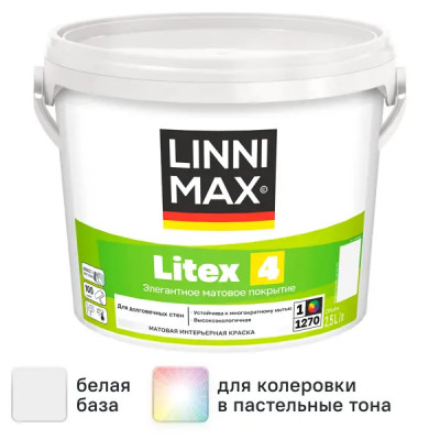 Краска для стен и потолков Linnimax Litex 4 моющаяся матовая цвет белый база 1 2.5 л