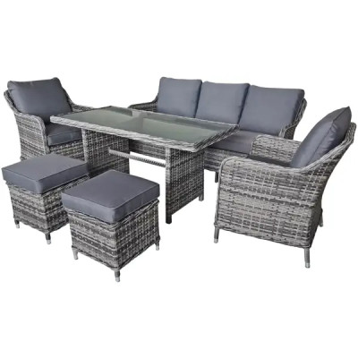 Набор садовой мебели для обеда Cezar KJ-Z2115 искусственный ротанг серый: диван, стол, 2 пуфа, 2 кресла с подушками