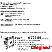 Розетка USB двойная встраиваемая Legrand Etika, цвет белый