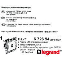 Розетка USB двойная встраиваемая Legrand Etika, антрацит