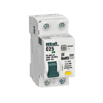 Дифференциальный автомат Dekraft ДИФ-103 1P+N C25 А 30 мА 6 кА A